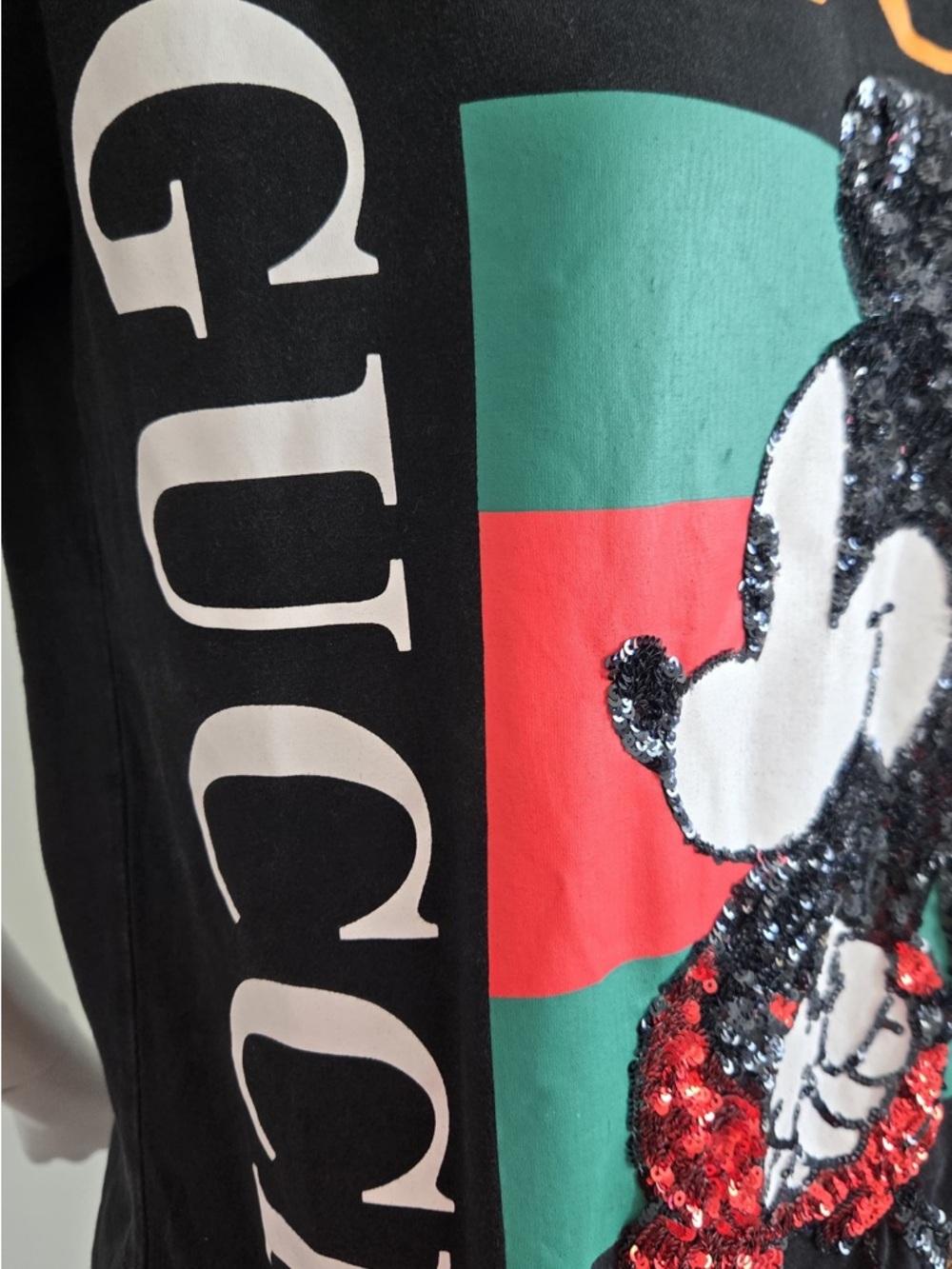 Gucci Black Tee With Green & Red Stripe And Gold Sequin Mickey View 5